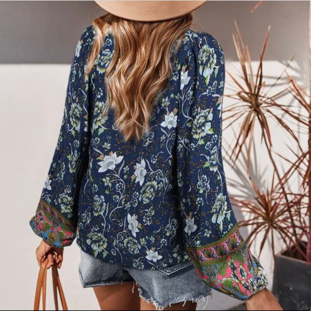 Bohemian Gypsy Mint Floral Print Blouse Top - Picture 7 of 10